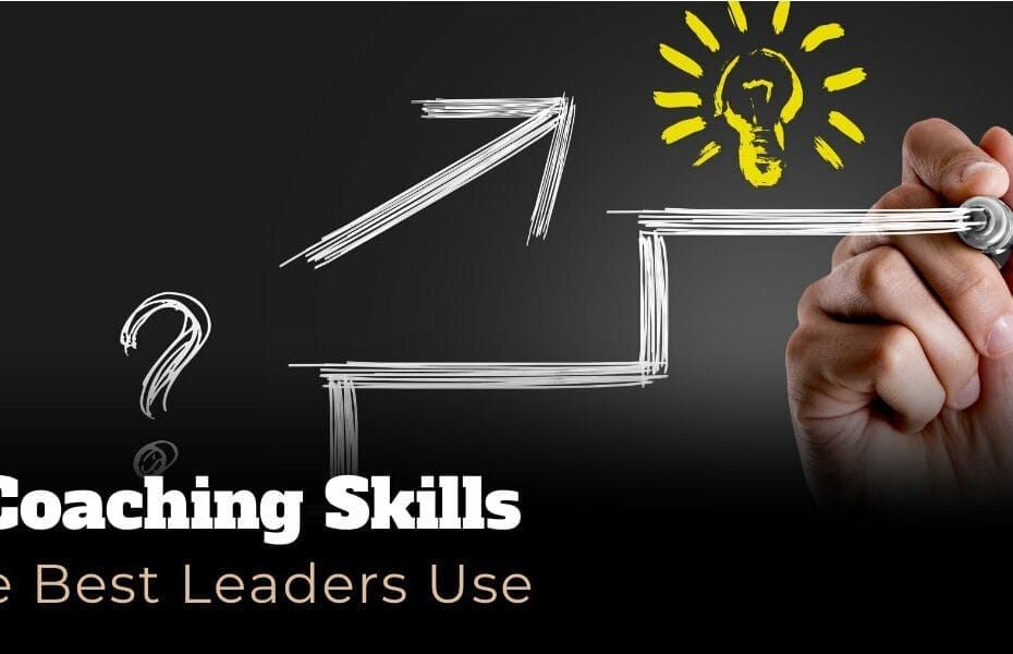 Hand drawing  a staircase with a question mark and upward arrow pointing to a shining lightbulb on a glass board. The title 7 Coaching Skills The Best Leaders Use appears of the bottom.