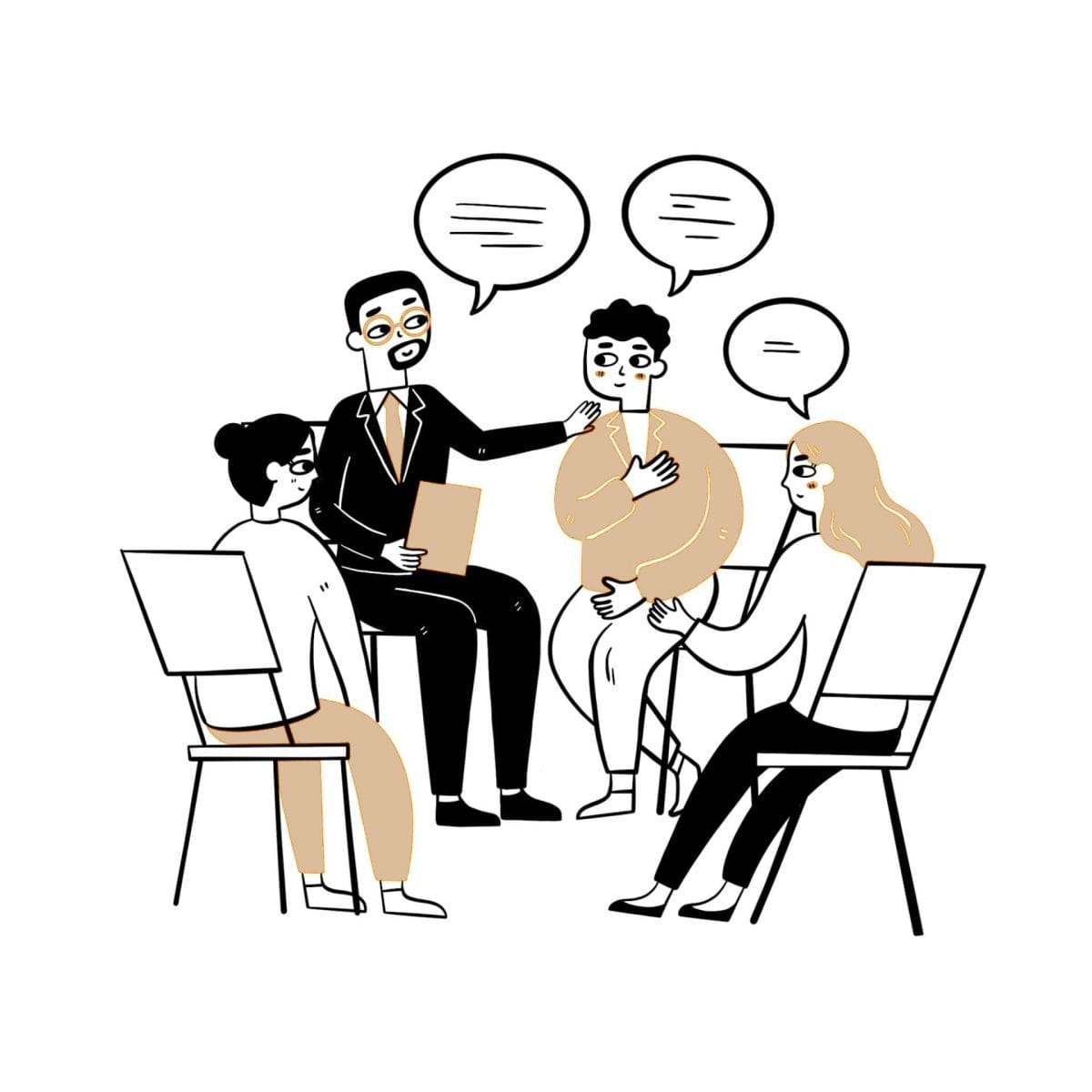 Cartoonized image of Steven Lozada facilitating a Team coaching session with three people